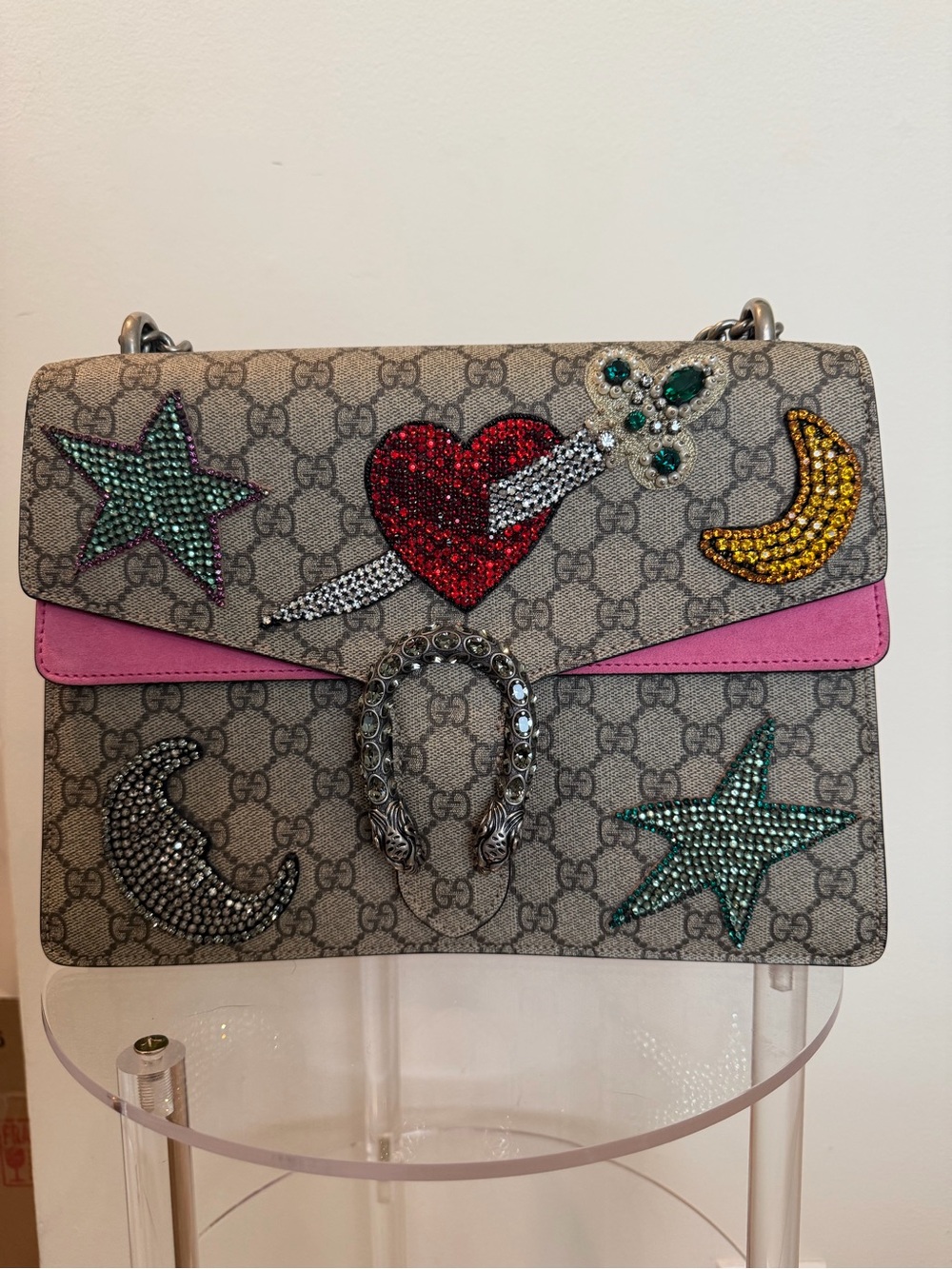 Gucci Beige GG Supreme Shoulder Bag with Pink Trim and Multicolor Crystal Motifs